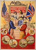 The National personification of the United States and Great Britain. Uncle Sam embracing John Bull, while Britannia and Columbia hold hands and sit together in the background (1898).