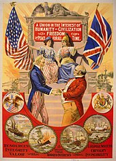 Uncle Sam embracing John Bull, while Britannia and Columbia hold hands and sit together in the background (1898). The Great Rapprochement.jpg