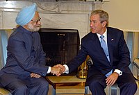 The Prime Minister Dr. Manmohan Singh with the President of USA, Mr. George W. Bush in White House, Washington on July 18, 2005 (2).jpg