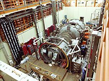 The Tandem Mirror Experiment (TMX) in 1979. One of the two yin-yang mirrors can be seen exposed on the end closer to the camera. The Tandem Mirror Experiment.jpg