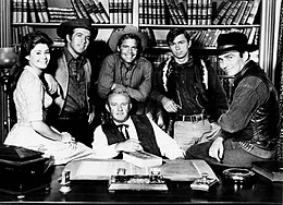 The main cast in the fall of 1964: Center: Lee J. Cobb (Judge Garth), from left: Roberta Shore (Betsy Garth), Clu Gulager (Emmett Ryker), Doug McClure (Trampas), Randy Boone (ranch hand), James Drury (the Virginian) The Virginian cast 1964.JPG