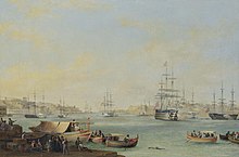 The arrival of the Dowager Queen Adelaide aboard HMS Hastings at the Grand Harbour, Valletta, 1838, painted by Anton Schranz The arrival of the Dowager Queen Adelaide aboard HMS Hastings at the Grand Harbour, Valletta , 1838 - Anton Schranz.jpg