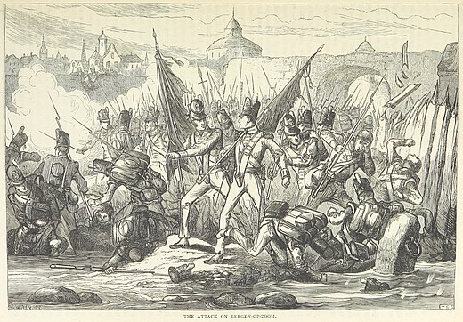 Échec de l'attaque britannique à Berg-op-Zoom en mars 1814, gravure britannique, 1873.