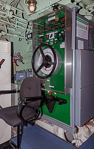 Starboard helm station of the Electric engine room Type XXI submarine "Wilhelm Bauer" Bremerhaven