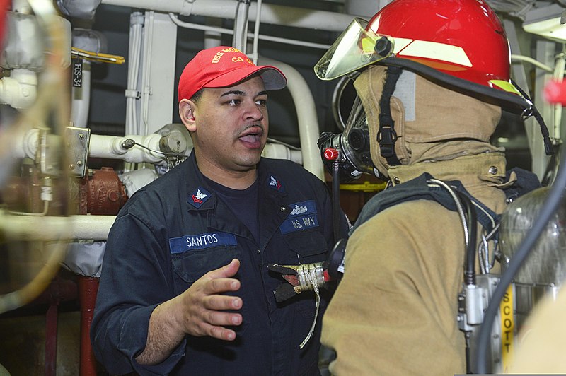 File:U.S. Navy Damage Controlman 2nd Class Pedro Santos conducts firefighting training during a general quarters drill aboard the guided missile cruiser USS Monterey (CG 61) April 20, 2013, in the Mediterranean Sea 130420-N-QL471-091.jpg