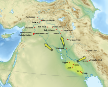 Uruk dönemi'in yayılımını gösteren harita.