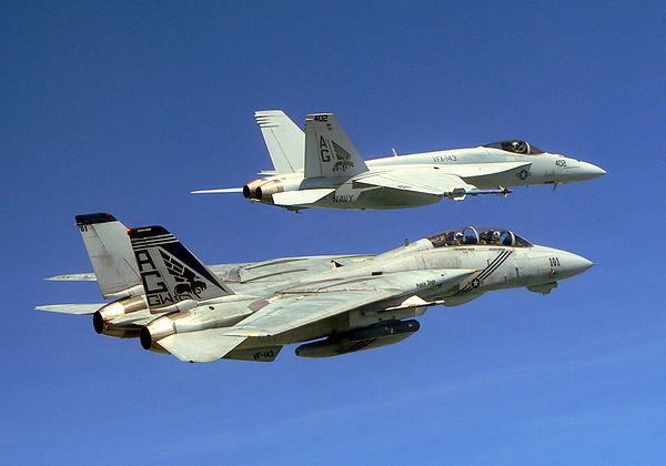 VFA-143 "Pukin Dogs" F-14B (in the foreground) and F/A-18E Super Hornet in 2005