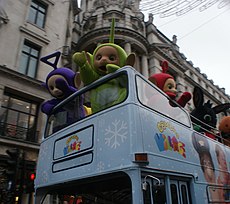 View of the Teletubbies on top of a Cbeebies Village Daimler Fleetline bus in the Hamley's Toy Parade (geograph 5200061).jpg