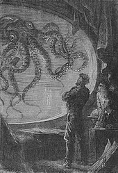 Personnages du roman Vingt Mille Lieues sous les mers observant un monstre marin.