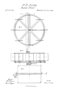 The patent diagram of the type of feathering paddlewheel that was installed on Western Metropolis. W. R. Manley feathering paddle-wheel patent diagram.png