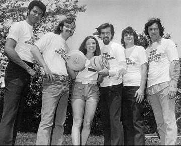 WLS disk jockeys at a Frisbee promotion, 1972. From left: Bill Bailey, Chuck Knapp, Charlie Van Dyke, Fred Winston and John Records Landecker.