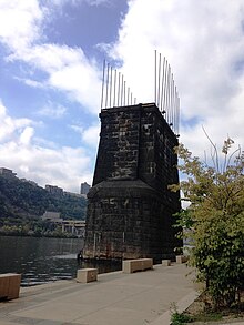 One of the two remaining piers from the Wabash Bridge that took rail traffic across the Monongahela River in Pittsburgh, from 1904 to 1946. Wabash Pier.JPG