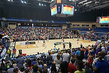 The Harlem Globetrotters at College Park Center in 2019 Washington Generals vs. Harlem Globetrotters June 2019 38 (Globetrotters celebrating).jpg