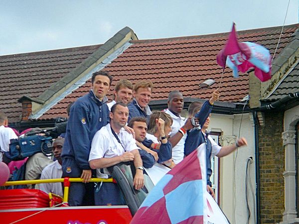 West Ham players on open-top bus near Upton Park celebrate winning the 2005 play-off final in Cardiff. From L-R Shaun Newton (crouching), Back row, Ma