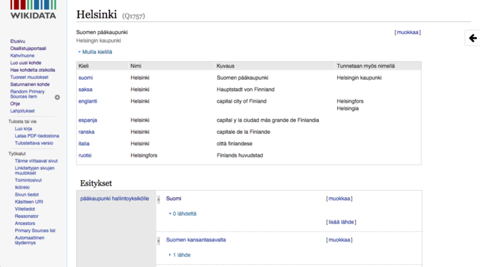 Kohteen Helsinki Wikidata-sivu, jossa näkyy kohteen nimi, kuvaus ja aliakset usealla kielellä.