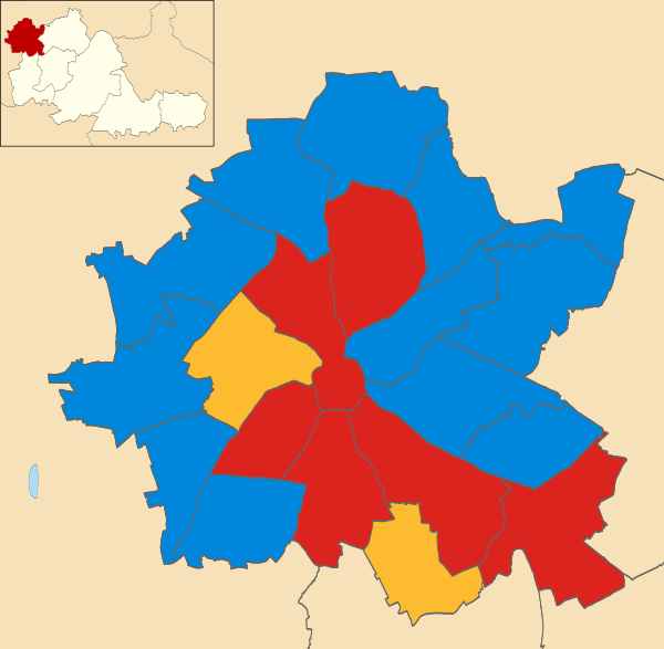 Map of the results of the 2008 Wolverhampton council election. Labour in red, Conservatives in blue and Liberal Democrats in yellow.
