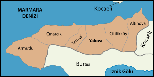 Mapa dos distritos da província de Yalova