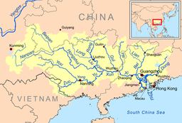Kart over Perlefloda med bielvar i Sør-Kina