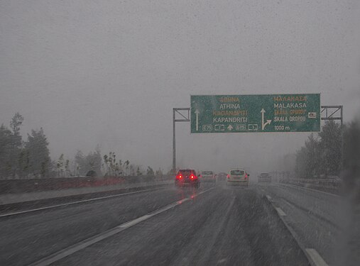 Snowing near Malakasa junction of A1 national road, Greece