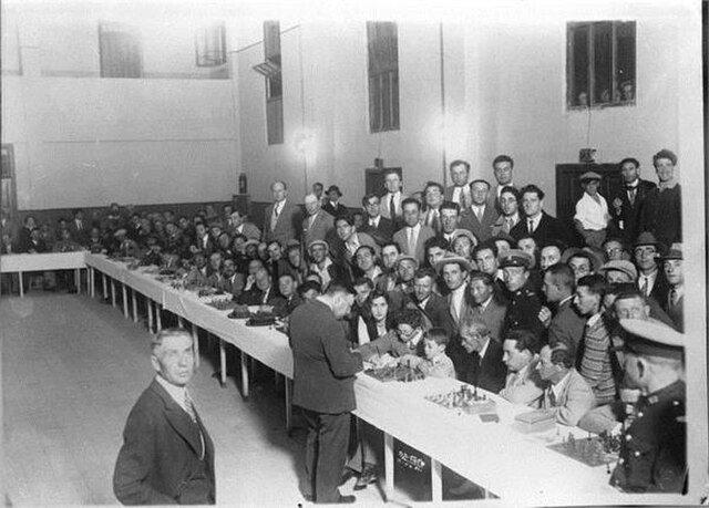 Rubinstein in simultaneous chess exhibition, Tel Aviv, 1931