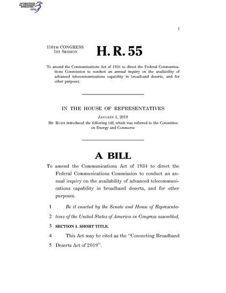 File:116th United States Congress H. R. 0000055 (1st session) - Connecting Broadband Deserts Act of 2019.pdf