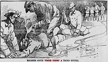 A newspaper depiction from 1902 of water curing by Macabebe Scouts against fellow Filipinos. 1902waterboarding.jpg