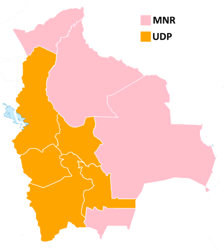 Election result by department:
Departments where Paz Estenssoro won
Departments where Siles won 1980 Bolivian elections map.png