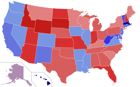 Upper house seats by party holding majority in each state Republican  50–60% 