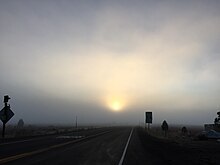 View east along SR 267 near Truckee Tahoe Airport during fog. 2015-10-31 07 51 25 Fog just after sunrise along eastbound California State Route 267 (North Shore Boulevard) near Truckee Tahoe Airport near Truckee, California.jpg