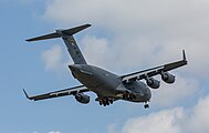 A US Air Force C-17 Globemaster III, tail 00-0171, on final approach to Kadena Air Base in Okinawa, Japan. It is assigned to the 176th Wing of the Alaska Air National Guard, and is originally from Joint Base Elmendorf–Richardson in Anchorage, Alaska.