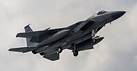 A US Air Force F-15C Eagle, tail number 81-0020, on final approach at Kadena Air Base in Okinawa, Japan