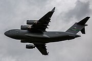 A Boeing C-17 Globemaster III, tail number 95-0103, taking off from RAF Mildenhall in the United Kingdom. It is assigned to the 62nd Airlift Wing and the 446th Airlift Wing at Joint Base Lewis McChord in Washington, USA.