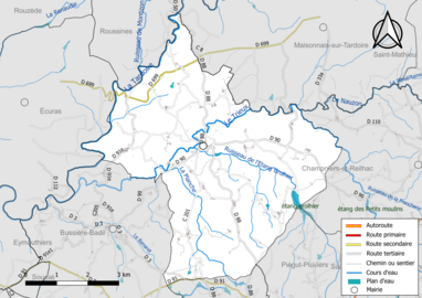 Carte en couleur présentant le réseau hydrographique de la commune