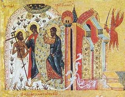 An icon showing Christ (center) bringing Dismas (left) into Paradise: At the right are the Gates of Paradise, guarded by a seraph (Solovetsky Monaster