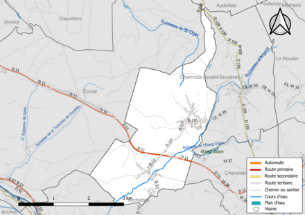 Carte en couleur présentant le réseau hydrographique de la commune