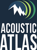 A rectangular sphere with the words Acoustic Atlas written in white text at the bottom and an image of a snow-capped mountain with semi-circles emanating from the mountain in shades of green. Background is in dark blue.