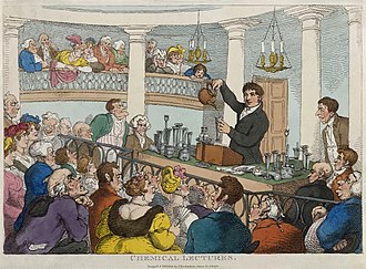 Satirical print by Thomas Rowlandson, Friedrich Christian Accum lectures at the Surrey Institution, about 1810. Accum at Surrey Institution.jpg