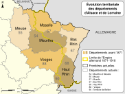 Carte du nord-est de la France montrant la frontière de l'Empire germanique séparant le Haut-Rhin de l'actuel Territoire-de-Belfort, rajoutant deux cantons vosgiens au Bas-Rhin, coupant l'ancien département de la Meurthe en son tiers nord-est et l'ancien département de la Moselle en son quart ouest. Les deux territoires nord-est ont formé le département actuel de la Moselle et ceux du sud-ouest l'actuel département de Meurthe-et-Moselle.