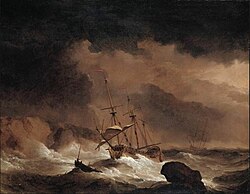 In 1741 the British ship HMS Wager sank off the west coast of Patagonia, present-day Aysen, setting off alarms in Spain about possible foreign incursions into Patagonia An Indiaman In A Gale Off A Rocky Coast.jpg