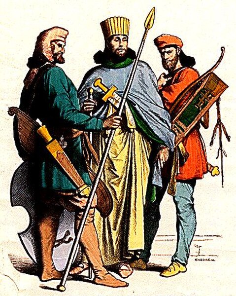 Ancient Persian attire worn by soldiers and a nobleman. The History of Costume by Braun & Scheider (1861–1880).
