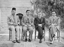 Palestinian Arab staff at the Palestine Broadcasting Service studios in Jerusalem, Mandatory Palestine in 1941 Arab staff at P.B.S. (i.e., Palestine Broadcasting Service) Small group of 4 persons LOC matpc.14557 (cropped).jpg