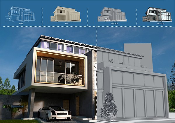 An architectural render showing different rendering styles in Blender, including a photorealistic style using Cycles