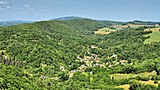 La combe des Mercureaux sur la rive « sauvage » et plus préservée du Doubs, avec en arrière-plan l'antenne-relais de Montfaucon .