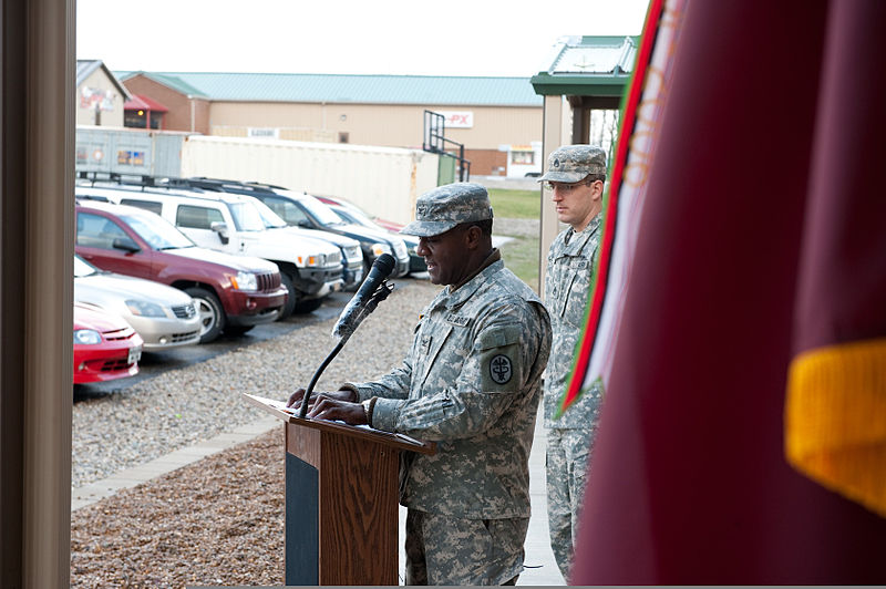 File:Army Col. James Simon, the commander of the Camp Atterbury Medical Detachment, addresses attendees at a ceremony marking the inauguration of a new behavioral health facility at the Camp Atterbury Joint Maneuver 111221-A-PX072-114.jpg