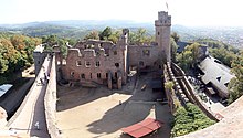 Auerbach Castle seen from the north tower (180deg panorama). Left is the Scotch pine on the castle wall; right is the south tower. Auerbacher Schloss 11.jpg