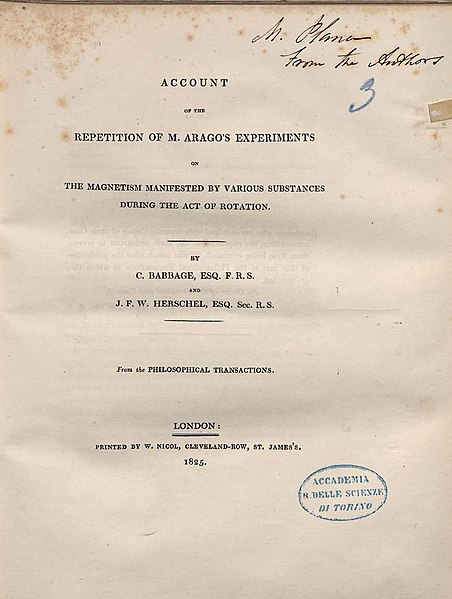 File:Babbage, Charles – Account of the repetition of M. Arago's experiments on the magnetism manifested by various substances during the act of rotation, 1825 – BEIC 722599.jpg