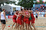 Deutsch: Beachhandball Europameisterschaften 2019 (Beach handball Euro); Tag 6: 7. Juli 2019 – Spiel um Platz Drei, Männer, Ungarn-Russland 2:0 (26:20, 23:22) English: Beach handball Euro; Day 6: 7 July 2019 – Men's Bronze Medal Match – Hungary-Russia 2:0 (26:20, 23:22)