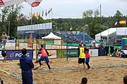 Deutsch: Beachhandball Europameisterschaften 2019 (Beach handball Euro); Tag 5: 6. Juli 2019 – Männer, Platzierungsspiel für die Ränge 5–8, Frankreich-Deutschland 0:2 (18:22, 16:19) English: Beach handball Euro; Day 5: 6 July 2019 – Placement Match/Cross Match for rank 5–8 Men – Frankreich-Deutschland 0:2 (18:22, 16:19)