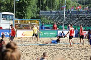 Deutsch: Beachhandball Europameisterschaften 2019 (Beach handball Euro); Tag 1: 2. Juli 2019 – Männer, Vorrunde Gruppe D, Frankreich-Montenegro 2:0 (19:7, 18:9) English: Beach handball Euro; Day 1: 2 July 2019 – Men Preliminary Round Group D – France-Montenegro 2:0 (19:7, 18:9)