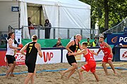 Deutsch: Beachhandball Europameisterschaften 2019 (Beach handball Euro); Tag 1: 2. Juli 2019 – Männer, Vorrunde Gruppe D, Polen-Schweden 2:1 (18:10, 15:9; 8:6) English: Beach handball Euro; Day 1: 2 July 2019 – Men Preliminary Round Group D – Poland-Sweden 2:1 (18:10, 15:9; 8:6)